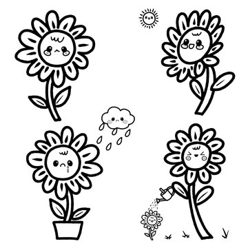 Cute  Sunflower  Cartoon Character Set Hand Drawn Outline