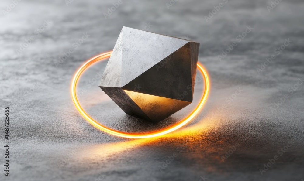 Aufkleber glowing ring around concrete geometric shape on grey surface. abstract background for tech or design