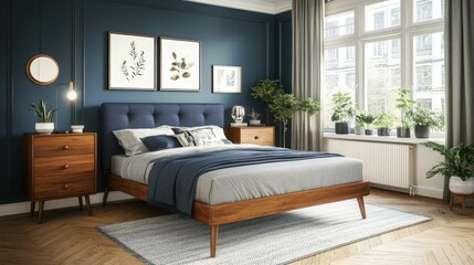 Fototapeta premium Modern bedroom interior design with dark blue accents.