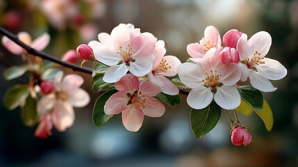 Obraz premium Delicate apple blossoms unfurl on branch