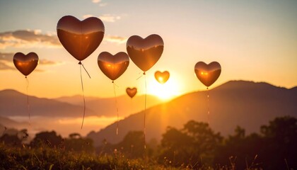 Fototapeta premium A warm atmosphere with translucent heart-shaped balloons floating in the sky