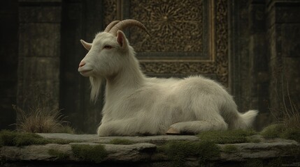 Obraz premium White goat resting on stone ledge against ornate wall.