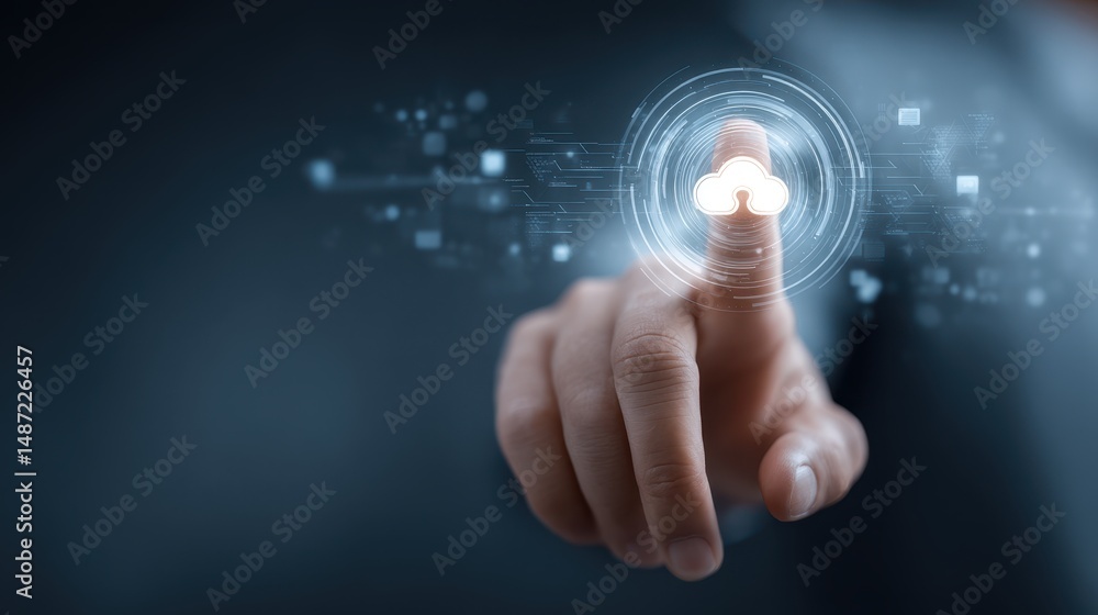 Poster finger touching digital cloud icon representing modern technology and cloud computing solutions in a