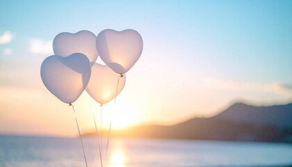 Fototapeta premium A warm atmosphere with translucent heart-shaped balloons floating in the sky
