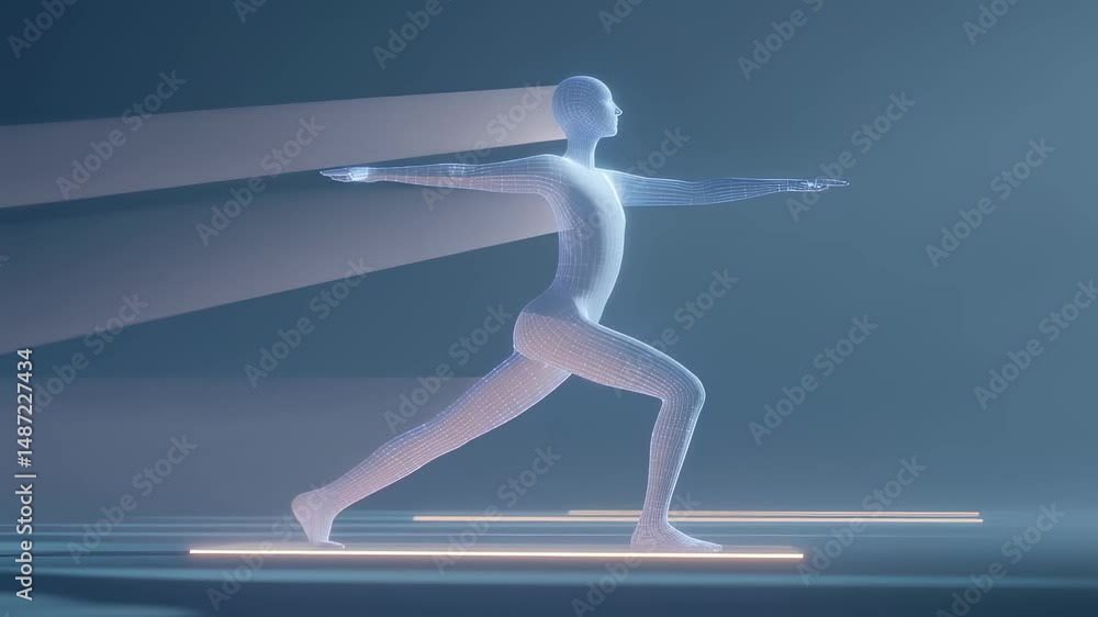 Poster a serene environment where a figure practices yoga under the watchful guidance of agi skeletal track