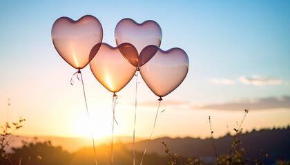 Fototapeta premium A warm atmosphere with translucent heart-shaped balloons floating in the sky