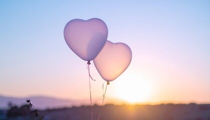 A warm atmosphere with translucent heart-shaped balloons floating in the sky