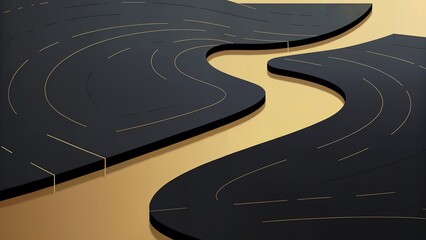 Abstract black roads curving across a golden surface, symbolizing pathways, routes, or journeys