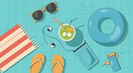 Poolside relaxation essentials towel, sunglasses, flipflops, drink, inflatable ring. Perfect for summer vacation themes in travel and leisure content.