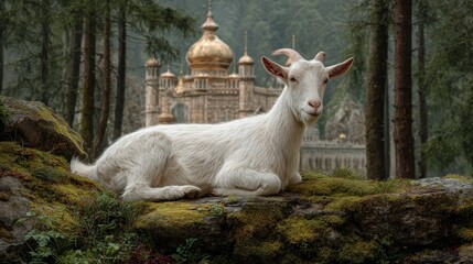 Obraz premium White goat resting on mossy rocks, majestic building in background.