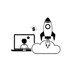 Rocket launching from laptop with person and dollar symbol