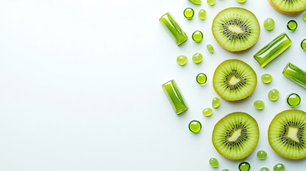 Fresh kiwi fruit and green candy arranged on a white background.