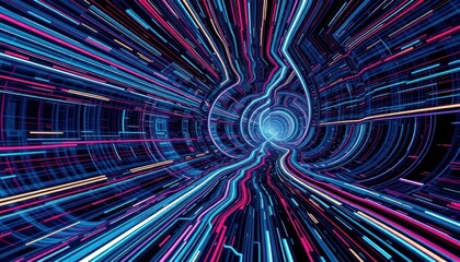Neon Futuristic Tunnel: Digital Data Stream, Abstract Speed