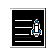 Document page with small rocket and lined text in black background