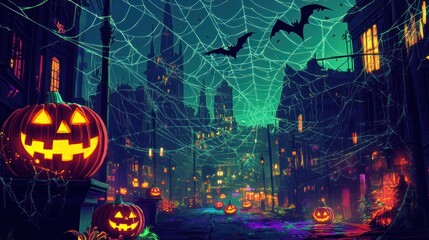 Obraz premium Spooky Halloween night scene in a city street with carved pumpkins, bats, and spiderwebs.