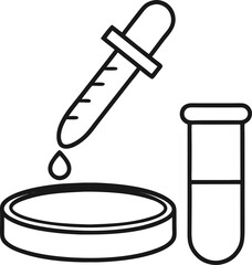 Vector illustration of a pipette and petri dish icon, representing laboratory, research, and scientific experiments. Editable stroke.