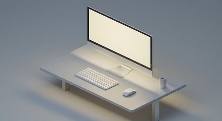 A clean, modern, white desk setup featuring a widescreen monitor with a bright, blank screen, a keyboard, mouse, and a small cylindrical object, viewed from an isometric angle.