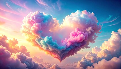 A fantastic scene with pastel colored heart clouds overlapping in the sky