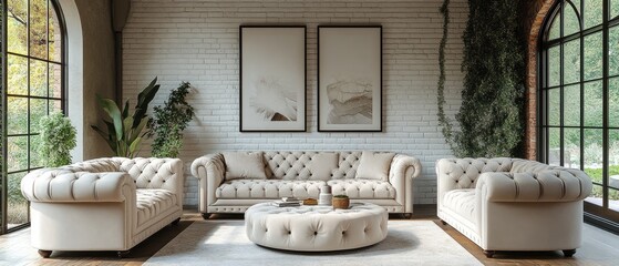 Cream-colored tufted sofa set in a modern living room.