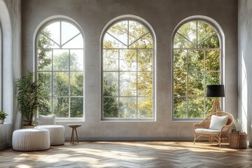 Spacious room with large windows showcasing autumn foliage.