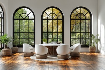 Modern dining area with large windows and natural light.