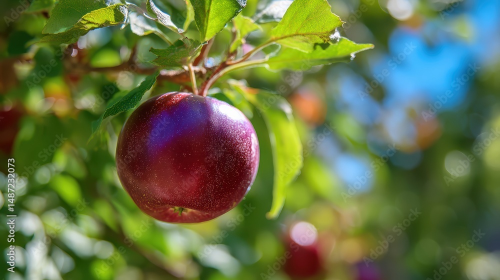 Poster a close up view of a vibrant red apple on the tree branch with green leaves and bokeh background sho