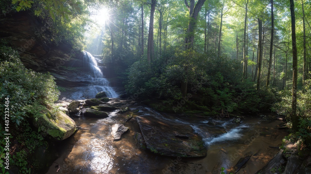 Poster serene waterfall surrounded by lush green forest with sunlight filtering through trees in a tranquil