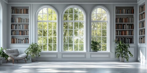 Light-filled, stately library interior with arch windows.