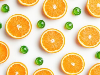 Fresh orange slices and green candies on a white background.