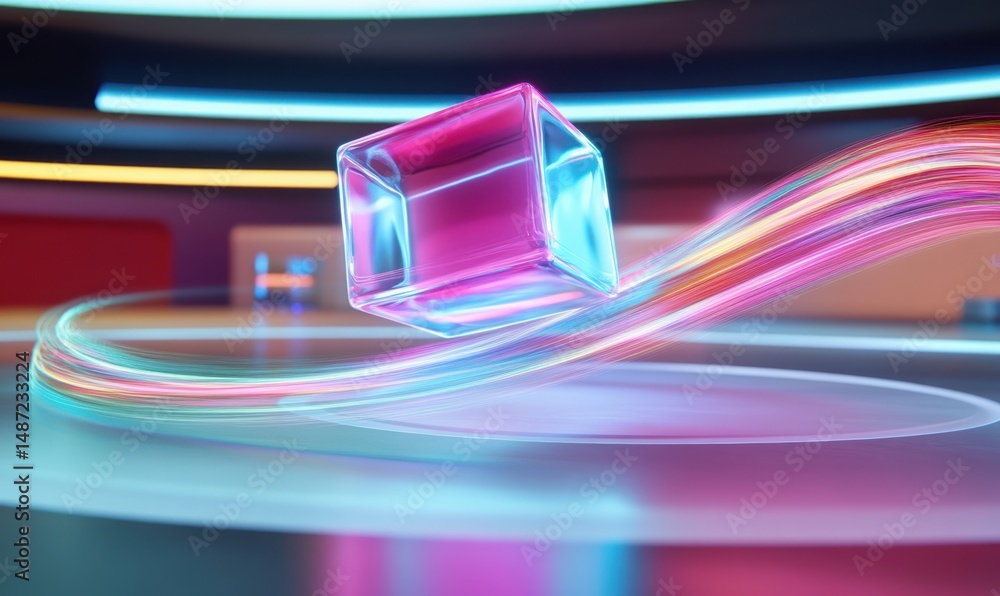 Poster neon cube floats on light trails in futuristic room; abstract tech background, website design
