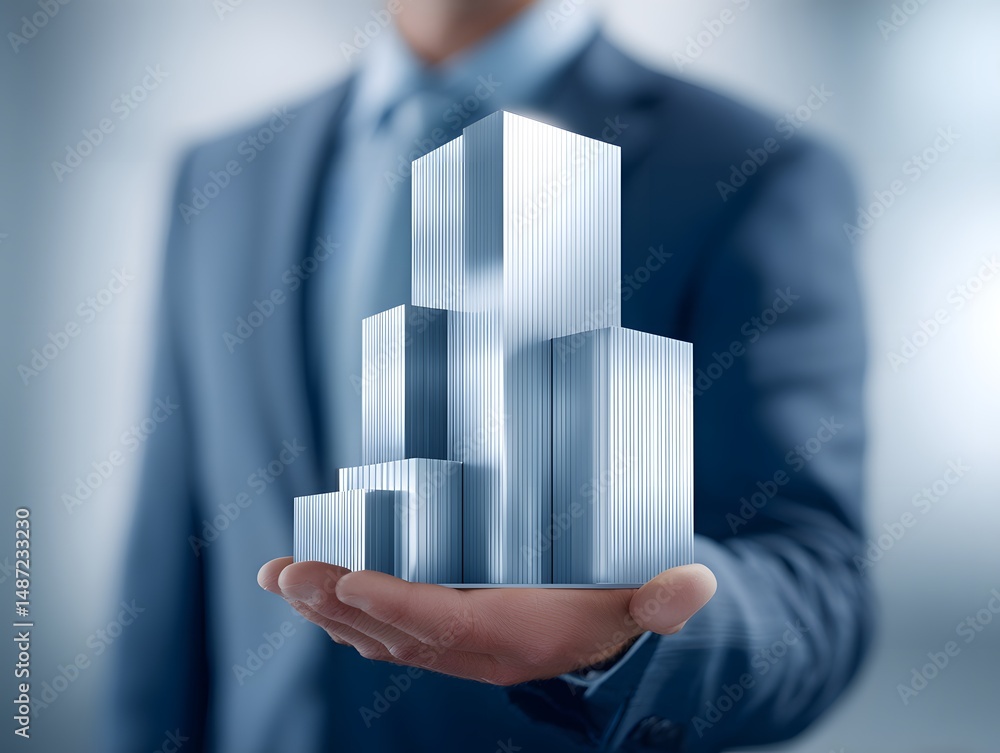 Aufkleber against a blurred backdrop, a real estate agent utilizes holographic 3d render models to present cut