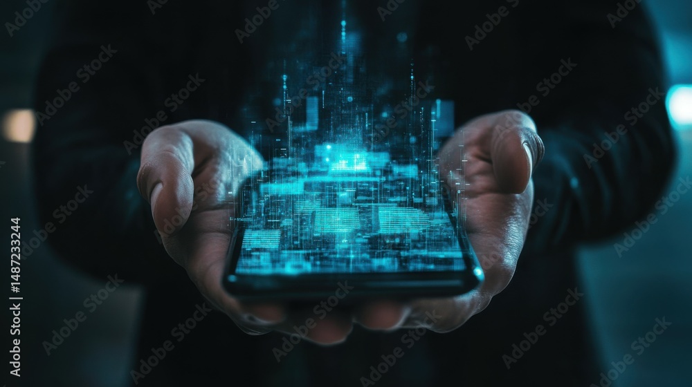Poster cybersecurity concept business man shows how to protect cyber technology network from attack by hack