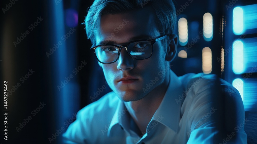 Poster thoughtful office manager typing computer. focused software engineer programming