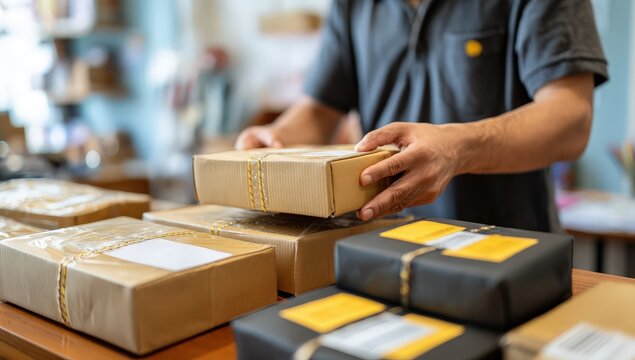 Man organizing packages in a delivery room.