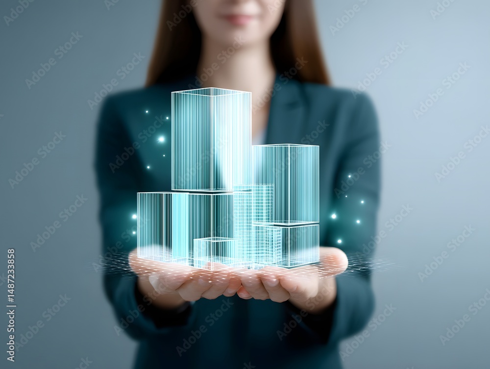 Poster against a blurred backdrop, a real estate agent utilizes holographic 3d render models to present for