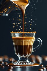 Pouring coffee into a glass, cup of coffee