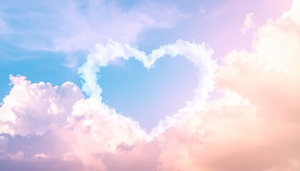A fantastic scene with pastel colored heart clouds overlapping in the sky