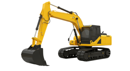Yellow Excavator with Black Bucket and Tracks Isolated on Transparent PNG Background , excavator, digger, construction, machine, heavy equipment, yellow, black , cutout, studio shot