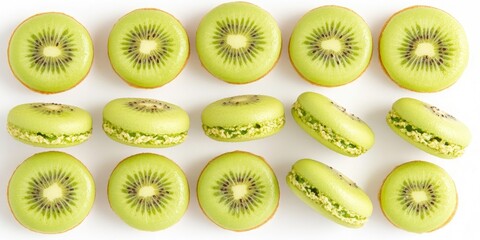 Fototapeta premium Green kiwi-flavored macarons arranged in a grid pattern.