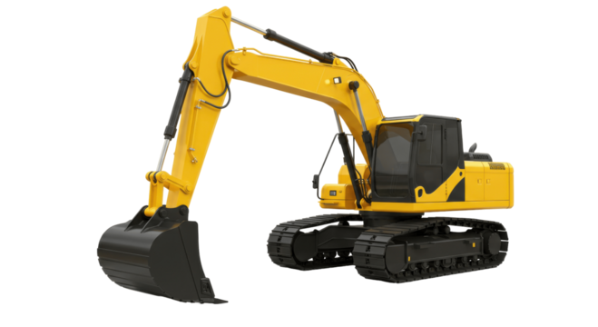 Yellow Excavator with Black Bucket and Tracks Isolated on Transparent PNG Background , excavator, digger, construction, machine, heavy equipment, yellow, black , cutout, studio shot