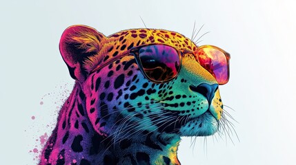 A flamboyant leopard rocking sunglasses radiates confidence and unique style in a pop art design against a