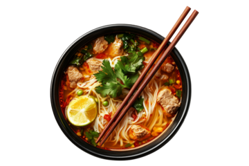 Vietnamese beef noodle soup Bun Bo Hue with fresh herbs, lime slice, and rice noodles in broth isolated on white transparent background, concept of Asian cuisine