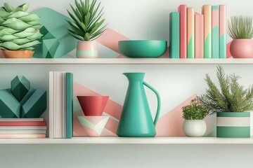 Stylish Green And Pink Geometric Shelf Arrangement, Books, Vases, And Plants Creating A Vibrant Atmosphere In Home Office
