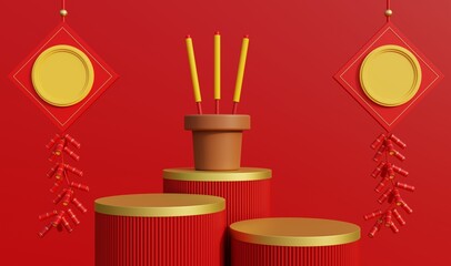 Red and gold podium with incense burner for worship during the exhibition. 3d illustration.