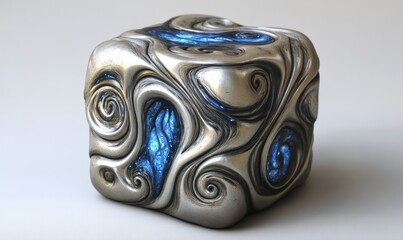 Silver cube with blue glowing swirls, abstract art, studio lighting, digital artwork, for sci-fi backgrounds