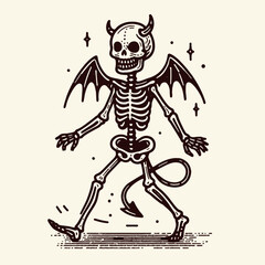 Fototapeta premium Skeleton in a devil costume. Halloween Skull Bones Anatomy Skeletal Clipart Line Art Vector Illustration. Bony figure apparelled like demon wicked avatar or horror image.