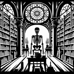 Skeleton in a haunted library. Halloween Skull Bones Anatomy Skeletal Clipart Line Art Vector Illustration. Bony figure within spectral academic archive eerie room lore frightening.