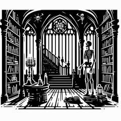 Skeleton in a haunted library. Halloween Skull Bones Anatomy Skeletal Clipart Line Art Vector Illustration. Bony remains inside spooky reading room supernatural archives eerie knowledge.