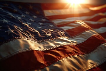 American flag waving in the sunlight.