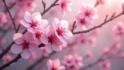 Obraz premium Delicate pink sakura blossoms, intricate branch pattern, art, botanical, japanese pattern